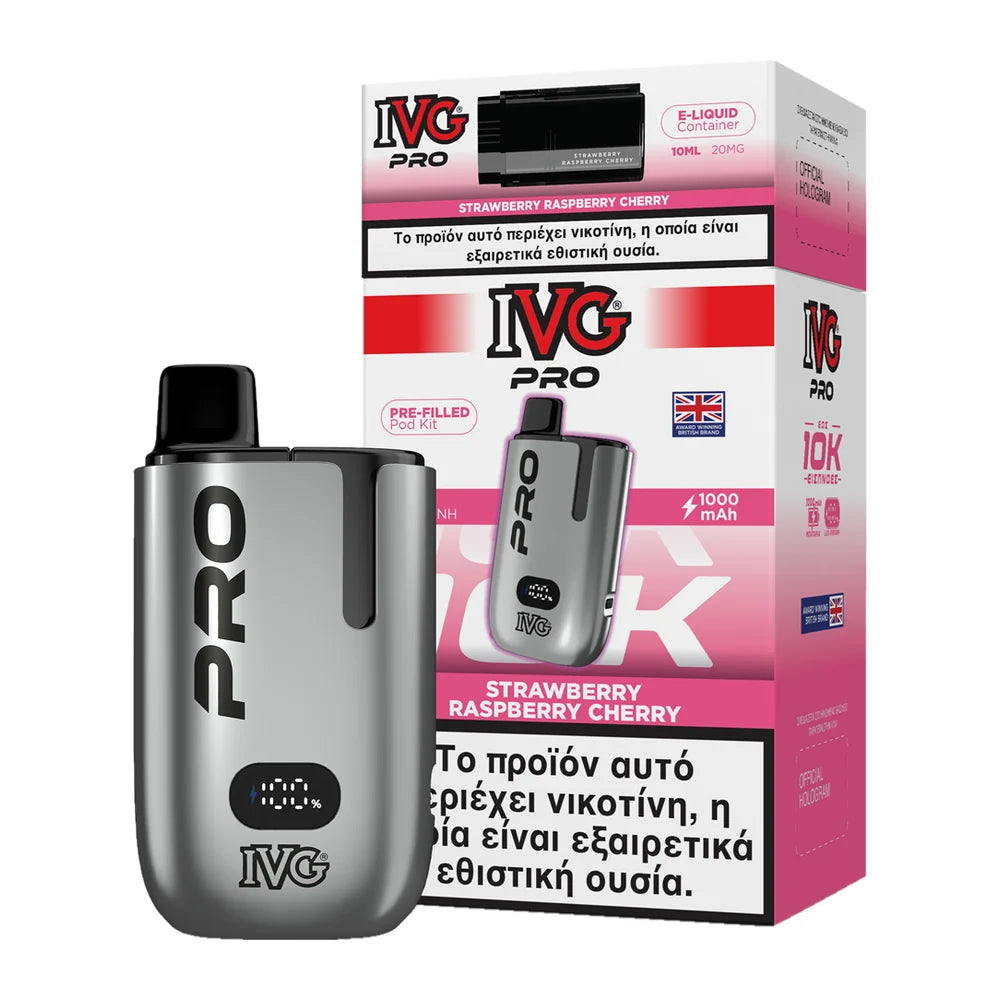 IVG Pro 10K Strawberry Raspberry Cherry kit: ασημί συσκευή με προγεμισμένο pod 2ml και δοχείο 10ml, 20mg