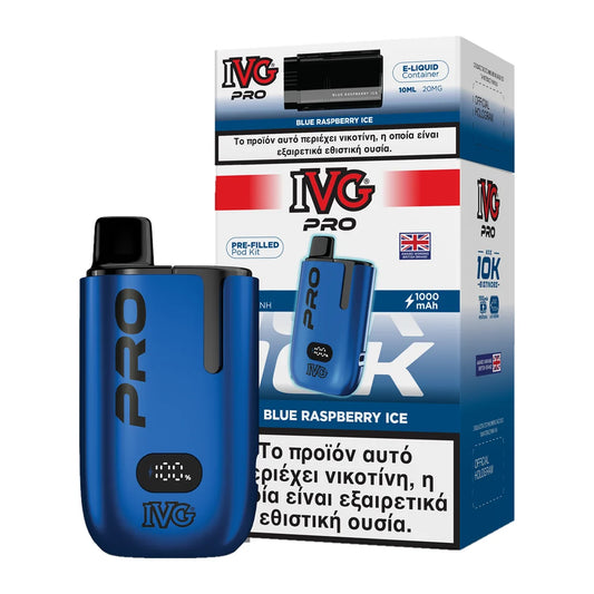 IVG Pro 10K Blue Raspberry Ice kit: μπλε συσκευή με προγεμισμένο pod 2ml και δοχείο 10ml, 20mg