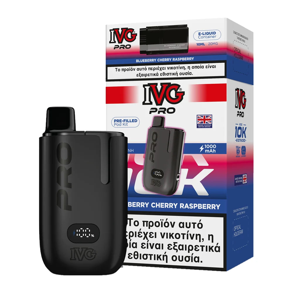 IVG Pro 10K Blueberry Cherry Raspberry kit: μαύρη συσκευή με προγεμισμένο pod 2ml και δοχείο 10ml, 20mg