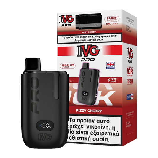 IVG Pro 10K Fizzy Cherry kit: μαύρη συσκευή με προγεμισμένο pod 2ml και δοχείο 10ml, 20mg