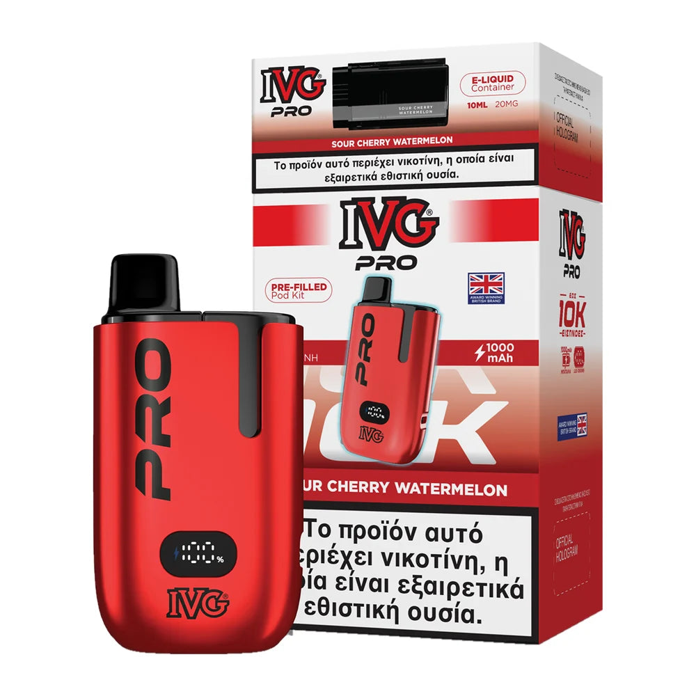 IVG Pro 10K Sour Cherry Watermelon kit: κόκκινη συσκευή με προγεμισμένο pod 2ml και δοχείο 10ml, 20mg