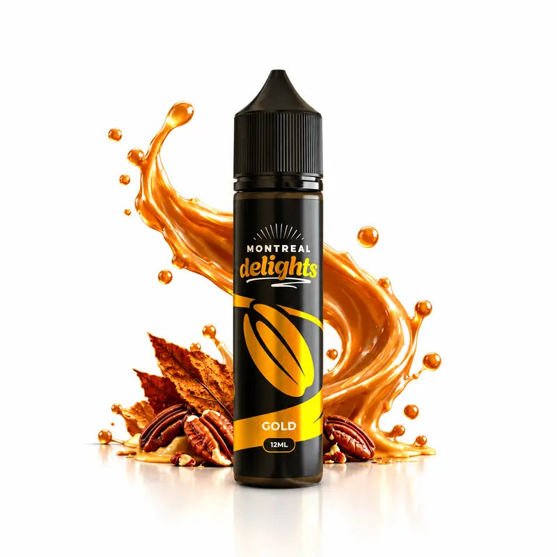 Montreal Delights Gold Flavor Shot 12/60ml σε λευκό φόντο με ξηρούς καρπούς, μαρέγκα και καπνό